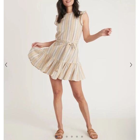 Marine Layer Laney Mini Dress Beachy Stripe V2 Linen Tiered Women Size Small NWT - Picture 1 of 16